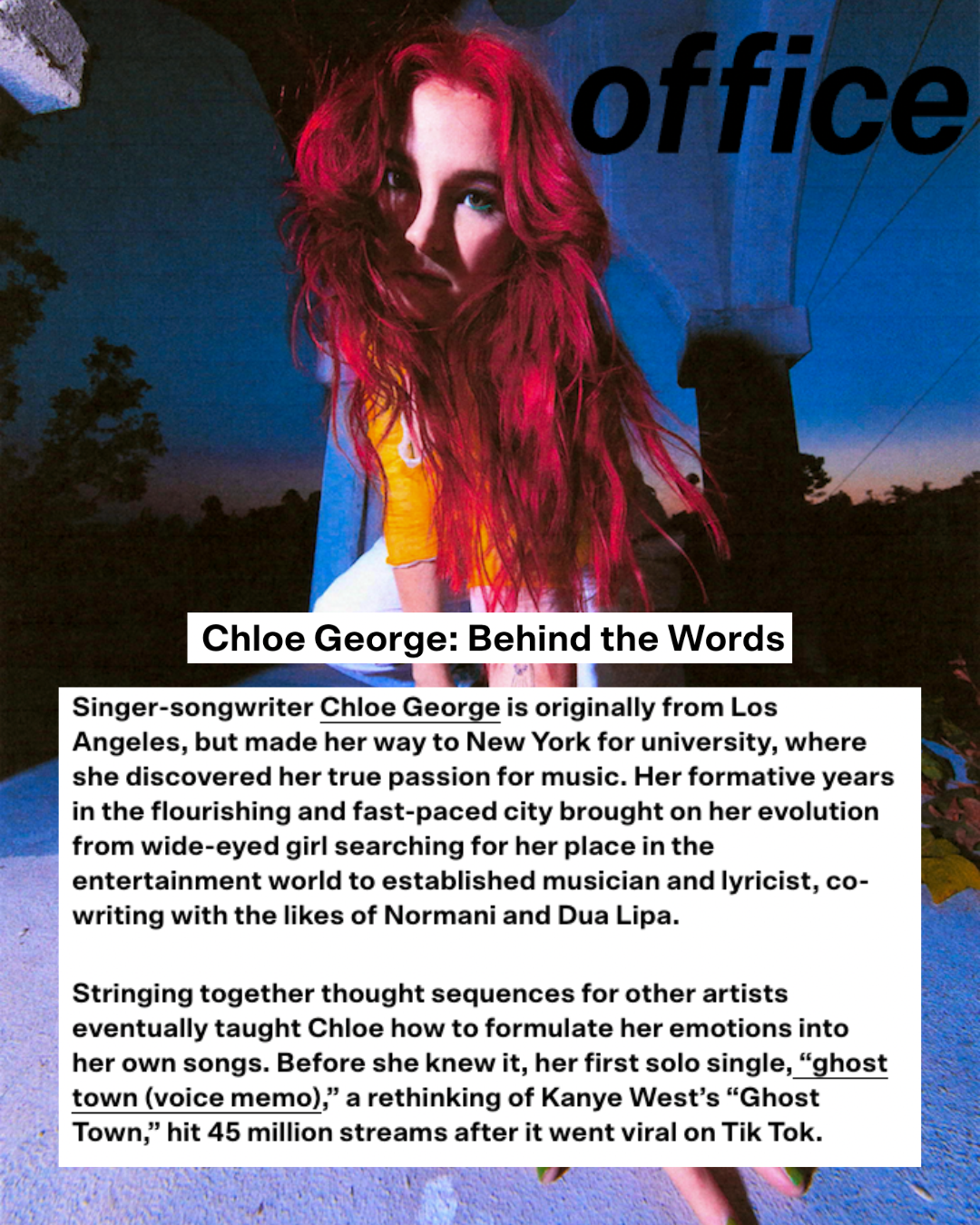 A magazine article featuring singer-songwriter Chloe George with her long, wavy red hair. The title reads 'Chloe George: Behind the Words.' The article discusses her background, career, and music, with a background image of her outdoors at dusk, with trees and a blue sky.