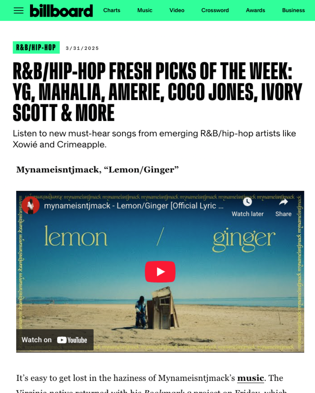 Billboard webpage featuring music chart for R&B/Hip-Hop with artist highlights and a YouTube video thumbnail for the song 'Lemon/Ginger' by Mynameistjmack.