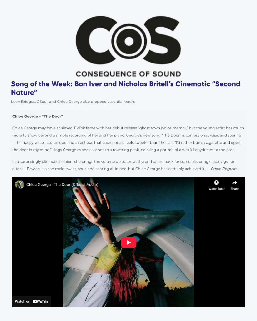 Screenshot of a webpage featuring a music review for Chloe George's song 'The Door,' including a YouTube video thumbnail showing a person with red hair, a hand raised, and an arched bridge in the background.