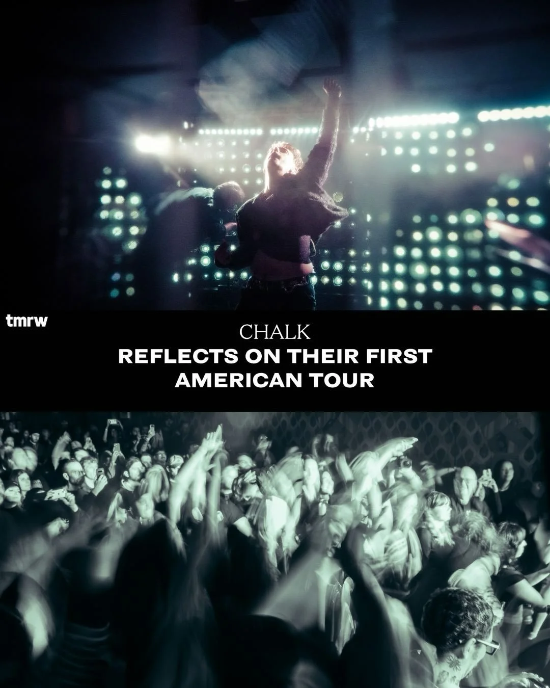 A performer on stage with an outstretched arm, illuminated by stage lights, at a concert with a cheering audience in the background.