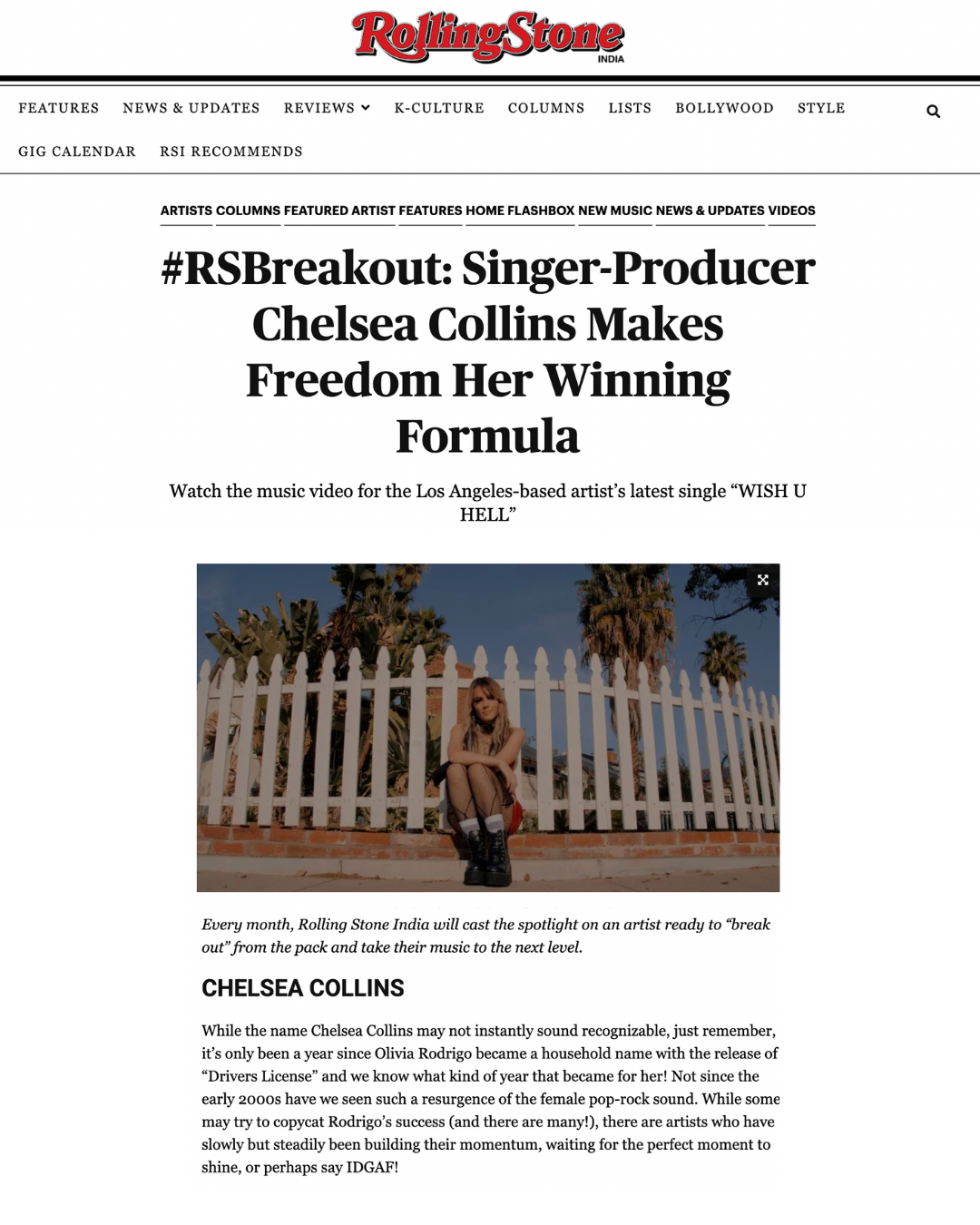 Online article page from Rolling Stone India featuring a story about singer and producer Chelsea Collins, displaying a photo of a young woman sitting in front of a white picket fence with palm trees in the background.