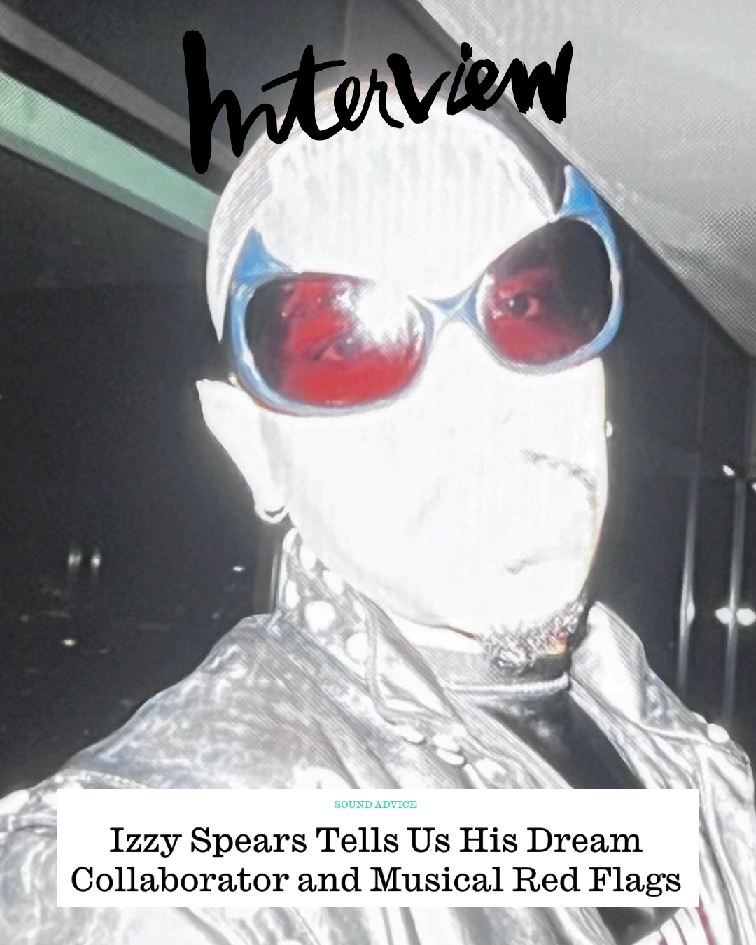 A person wearing sunglasses with red lenses and a shiny helmet or cap, along with a jacket. The image has the word 'interview' written at the top and a headline at the bottom that reads 'Izzy Spears Tells Us His Dream Collaborator and Musical Red Flags'.