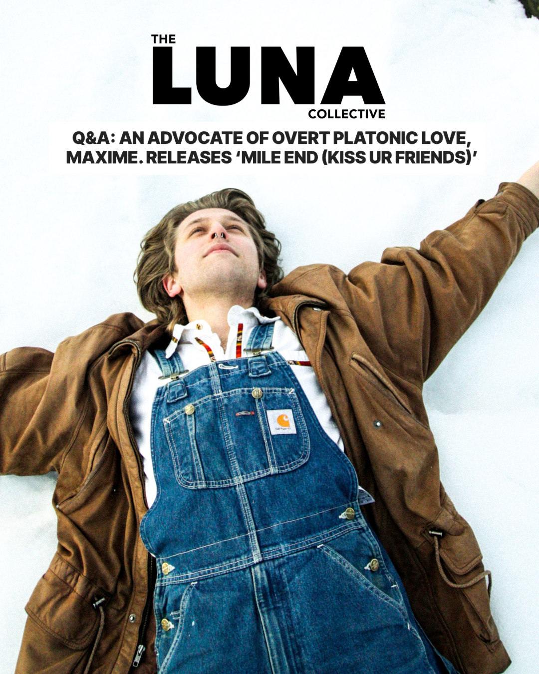 A person laying on a white surface, wearing a brown jacket and blue denim overalls, with arms outstretched. Text at the top reads 'The Luna Collective' and a headline about a Q&A with Maxime.