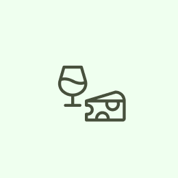 Simplified line drawing of a glass of wine and a piece of cheese.