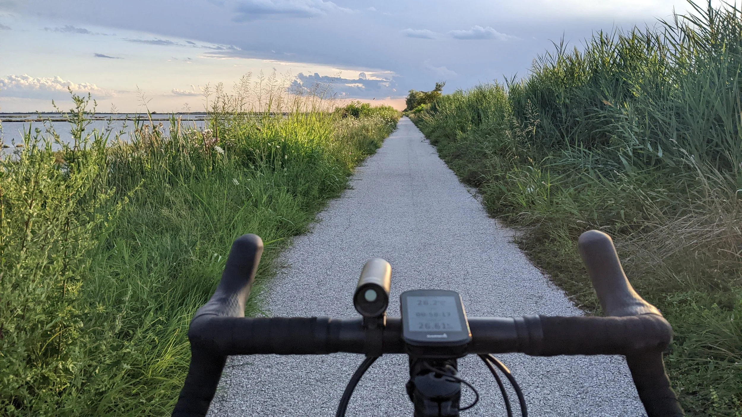 View from a bicycle handlebar on a paved trail surrounded by greenery, with water and sky in the background, during sunset or sunrise.