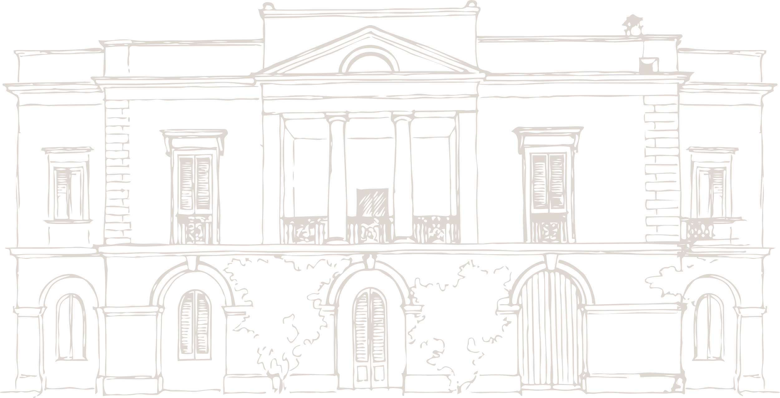 Disegno di un edificio storico con colonne, finestre con persiane e uno stile architettonico classico.