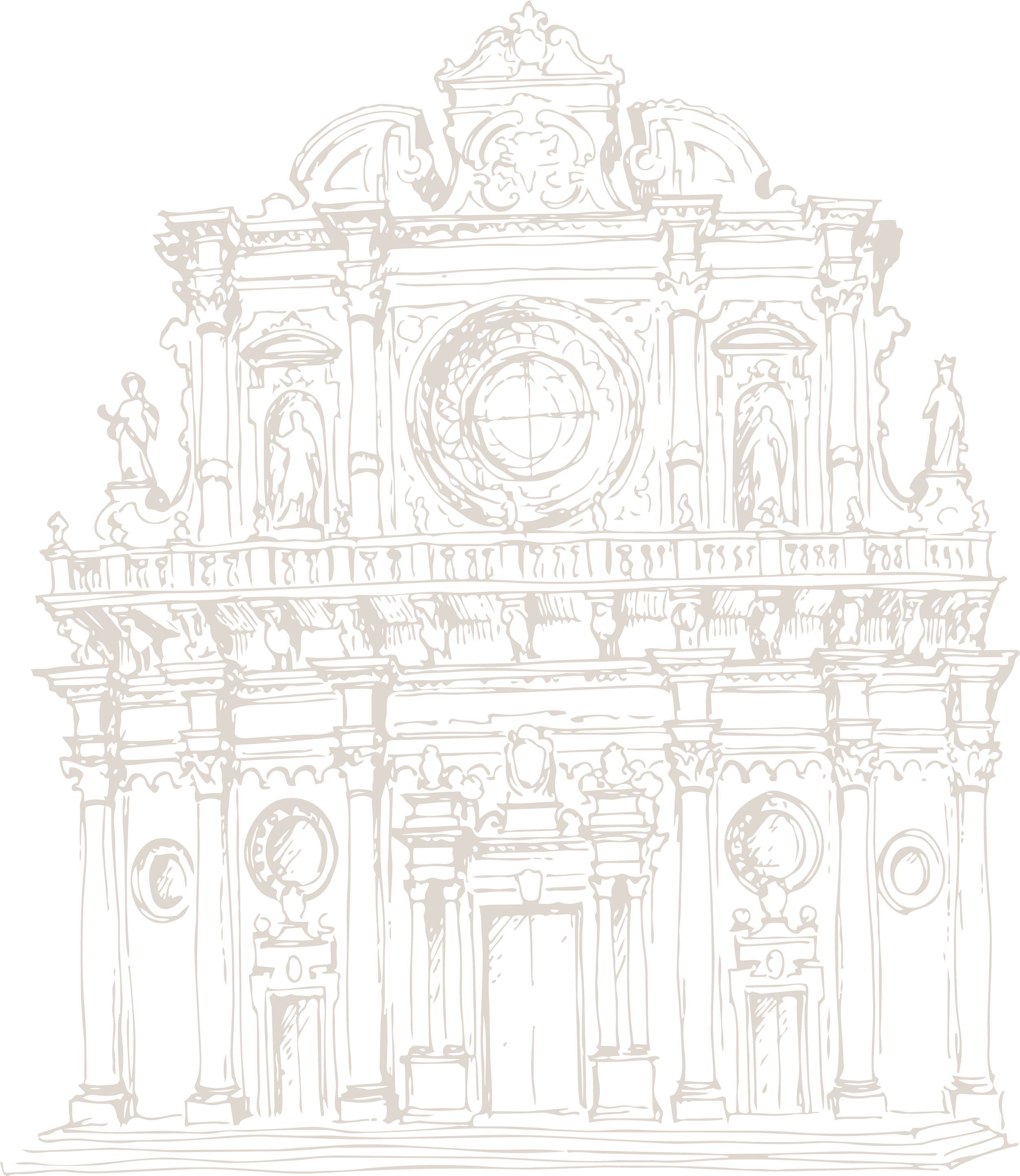 Raffigura un disegno di una grande facciata di un edificio storico con dettagli architettonici elaborati, colonne e statue.