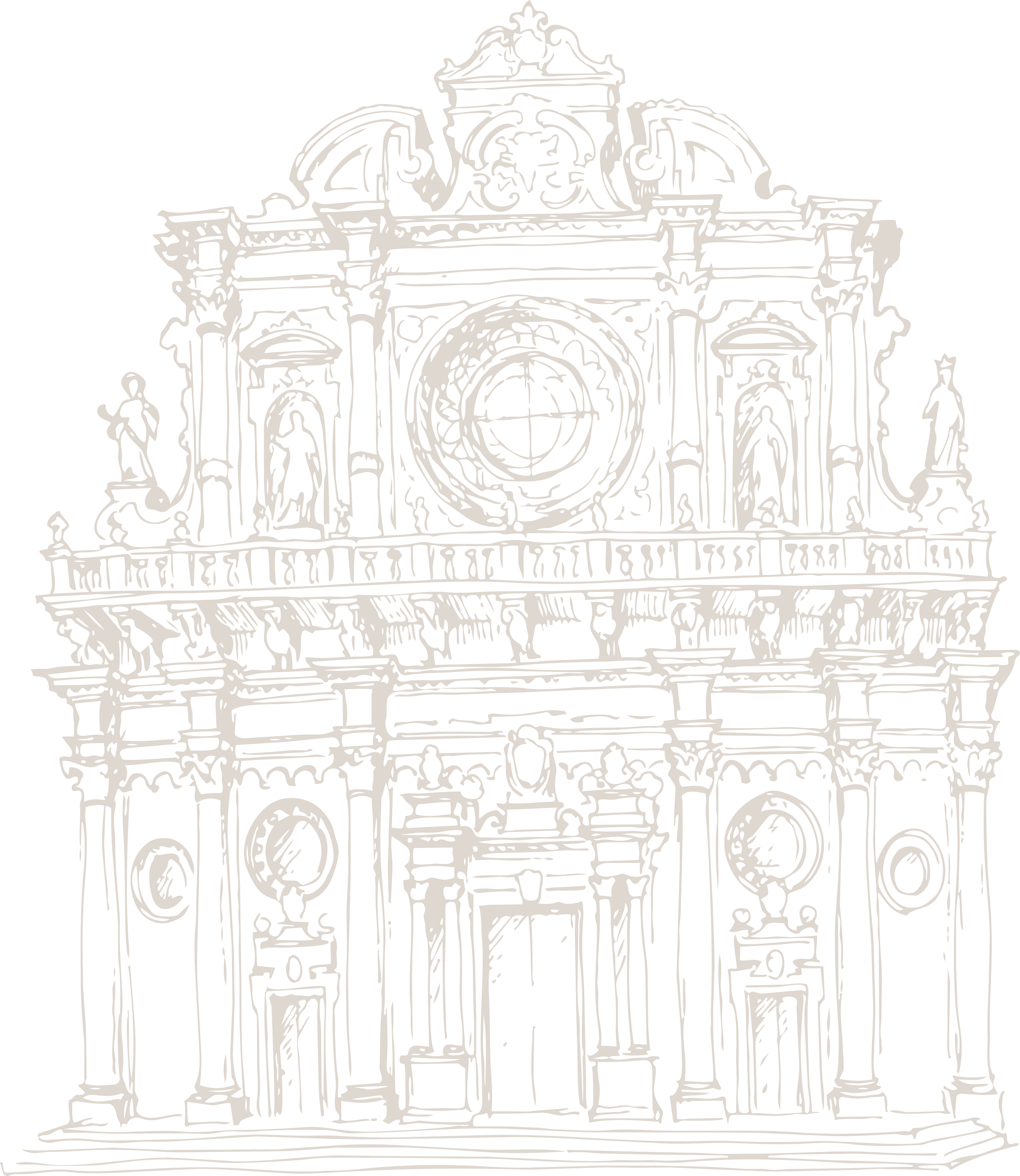 Disegno stilizzato di una facciata di edificio barocco con dettagli decorativi.