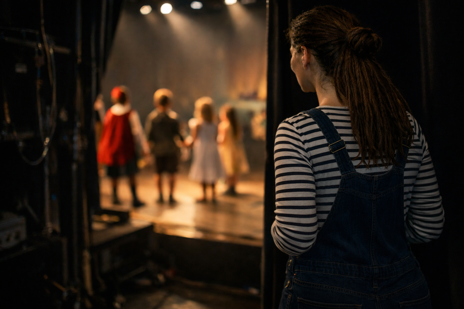 Amy Knowles, professional chaperone, supervises children perform on a stage, from the wings. Stage lights, black curtains and equipment.