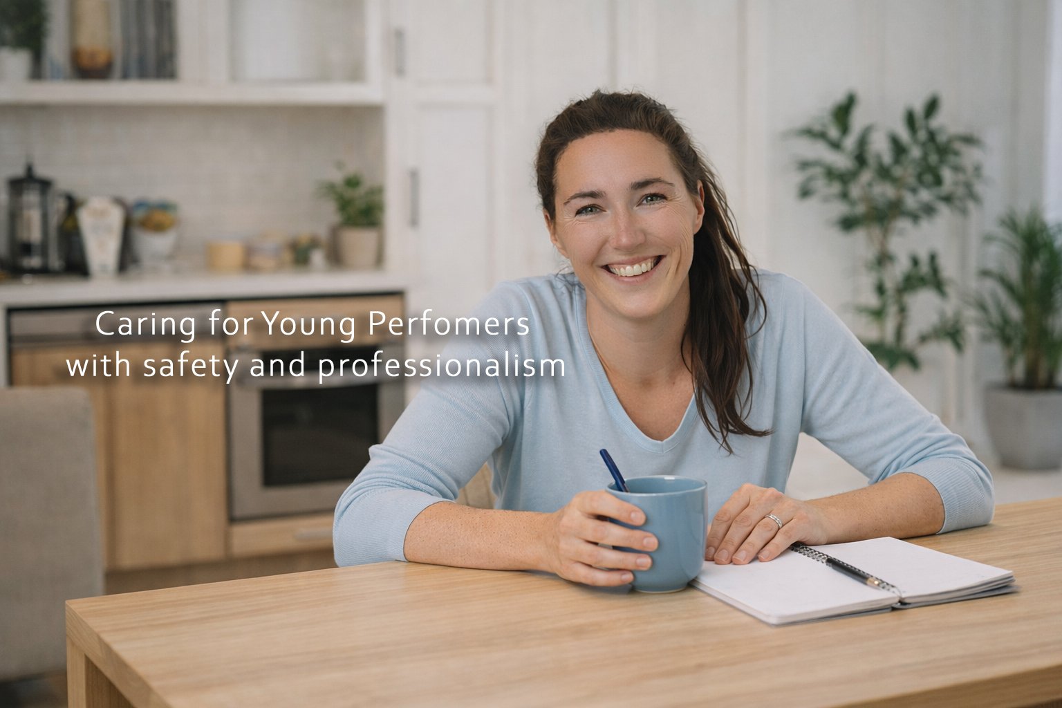 Professional chaperone Amy Knowles sits with a notebook, pen, and coffee mug, with text about caring for young performers safely and professionally