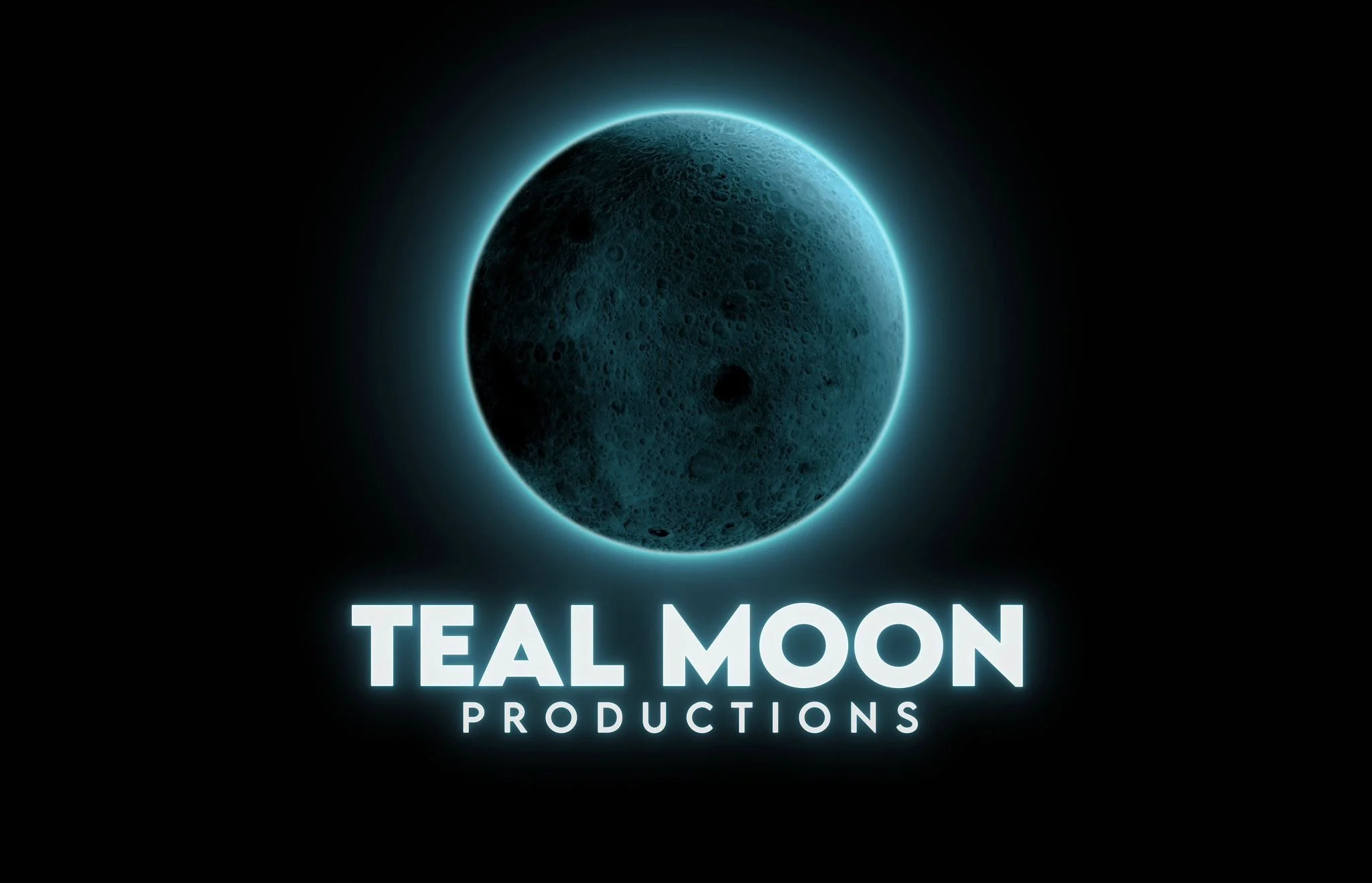 A glowing blue-illuminated moon against a black background with the text 'Teal Moon Productions' beneath it.