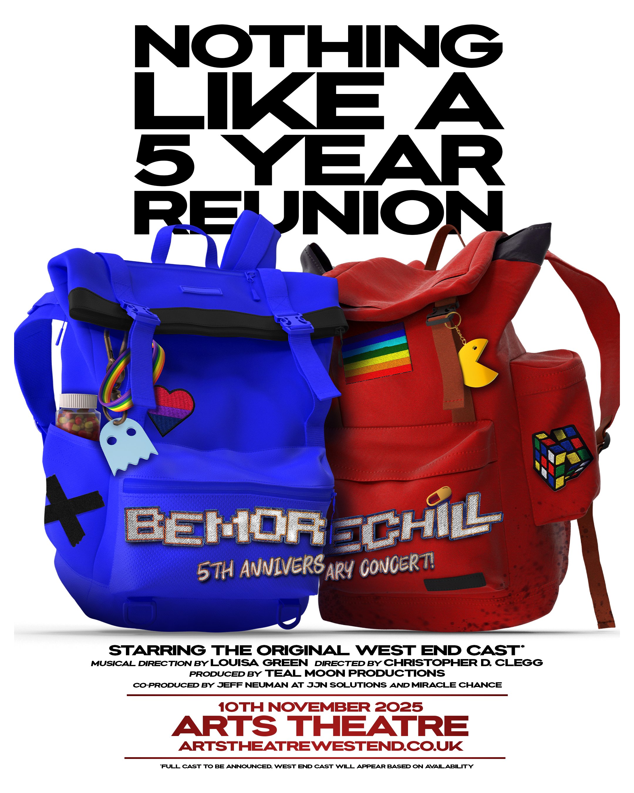 Two colorful backpacks with playful patches and accessories, with bold black text saying 'Nothing Like a 5 Year Reunión' above them, and additional details below for a West End cast musical event.