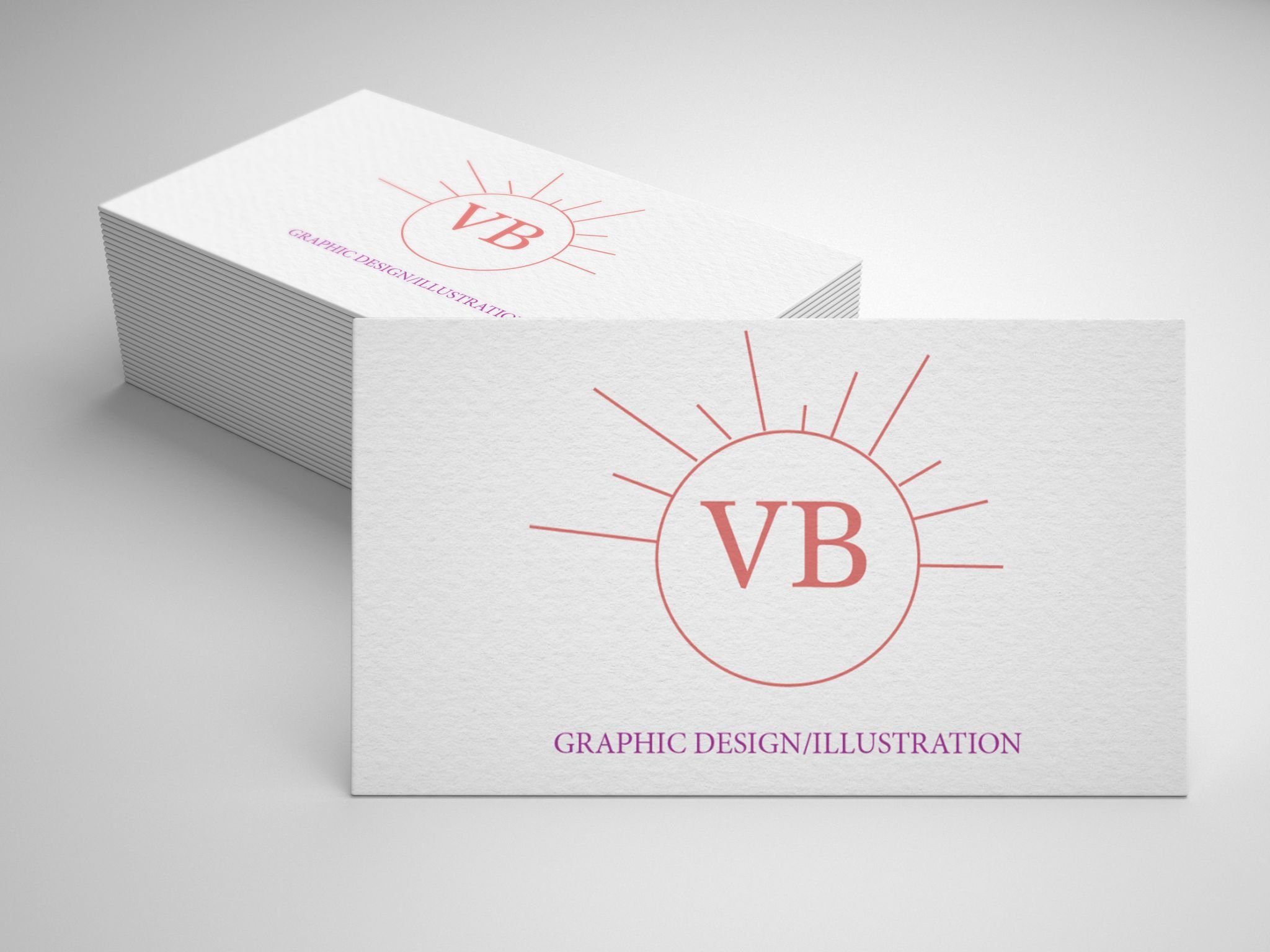 Visitenkarte mit dem Logo "VB" in Kreis mit Strahlen, darunter der Schriftzug "GRAPHIC DESIGN/ILLUSTRATION" auf weißem Hintergrund.