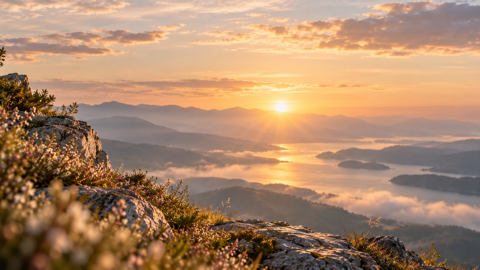 Sunrise over a mountain range with a lake below, view from a rocky hillside with wildflowers in the foreground.