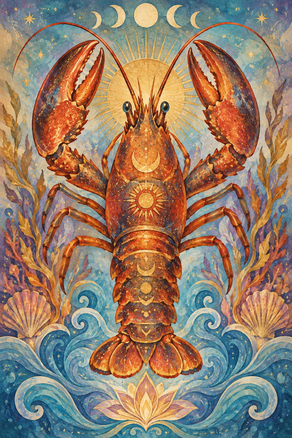 A colorful illustration of a lobster with celestial symbols on its body, surrounded by water, shells, plants, and a background featuring moon phases and stars.