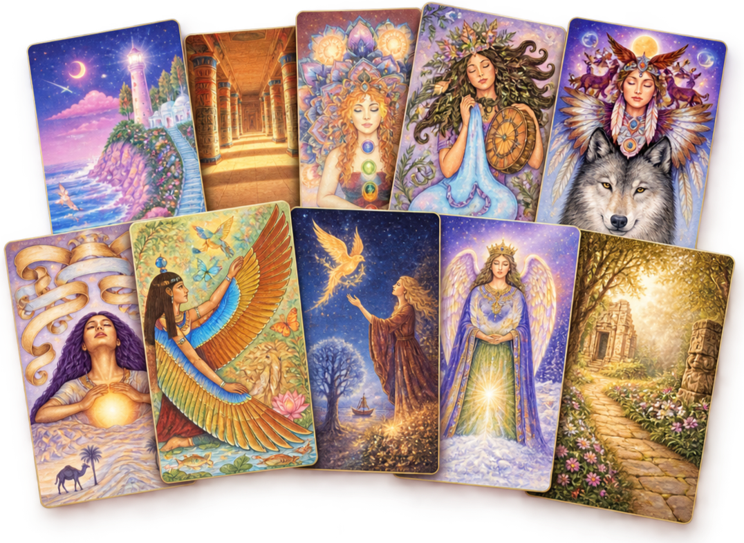 A collection of tarot or oracle cards with various fantasy and spiritual themes, including celestial scenes, mystical women, animals, and enchanted landscapes.