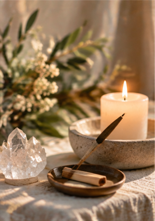 A lit white candle in a gray stone holder, an incense stick in a brown dish, a clear quartz crystal, and a bouquet of white flowers with green leaves in the background on a textured cloth surface.