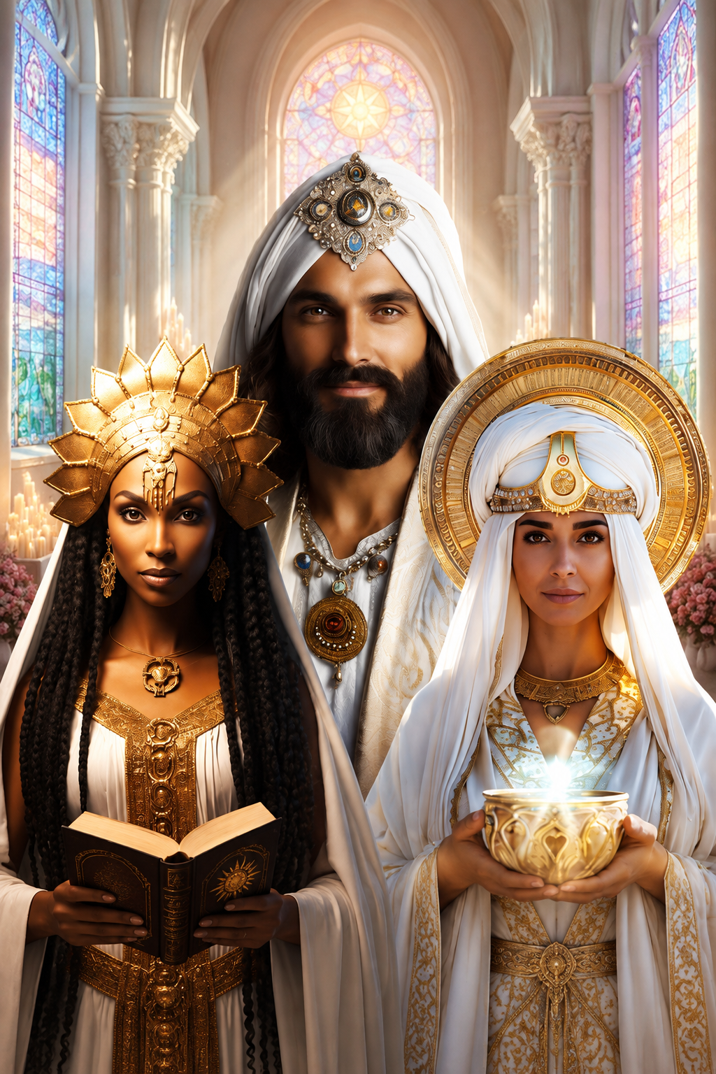 Three people dressed in elaborate, fantasy-inspired costumes inside a church with stained glass windows. The man in the center wears a white turban and ornate jewelry. The woman on the left has dark skin, long braided hair, a golden headpiece, and holds an open book. The woman on the right has light skin, white head covering with gold accents, and holds a glowing golden chalice.