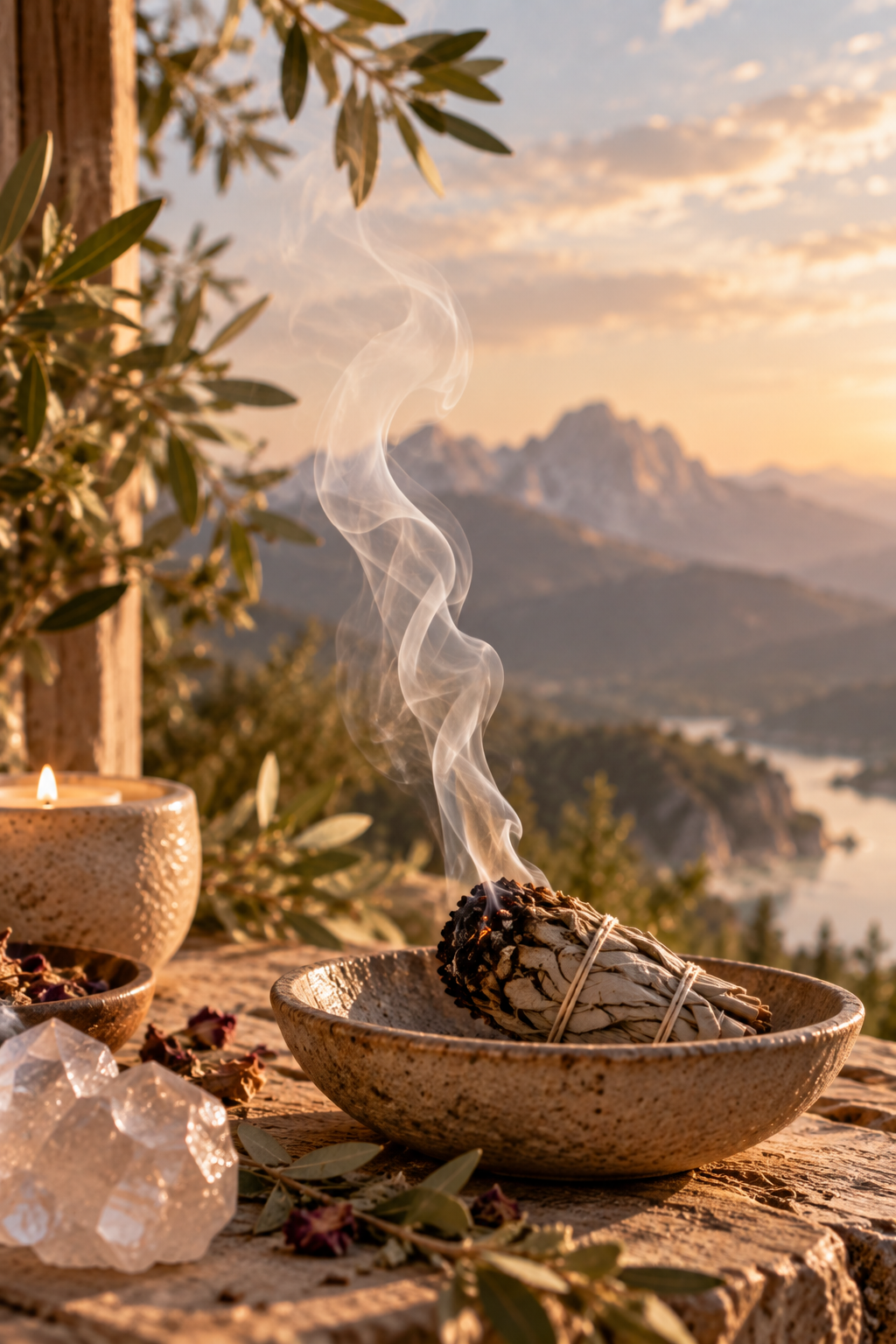 A smoldering bundle of sage tied with string in a ceramic bowl, with smoke rising, set on a stone surface outdoors during sunset, with mountains and a partly cloudy sky in the background.