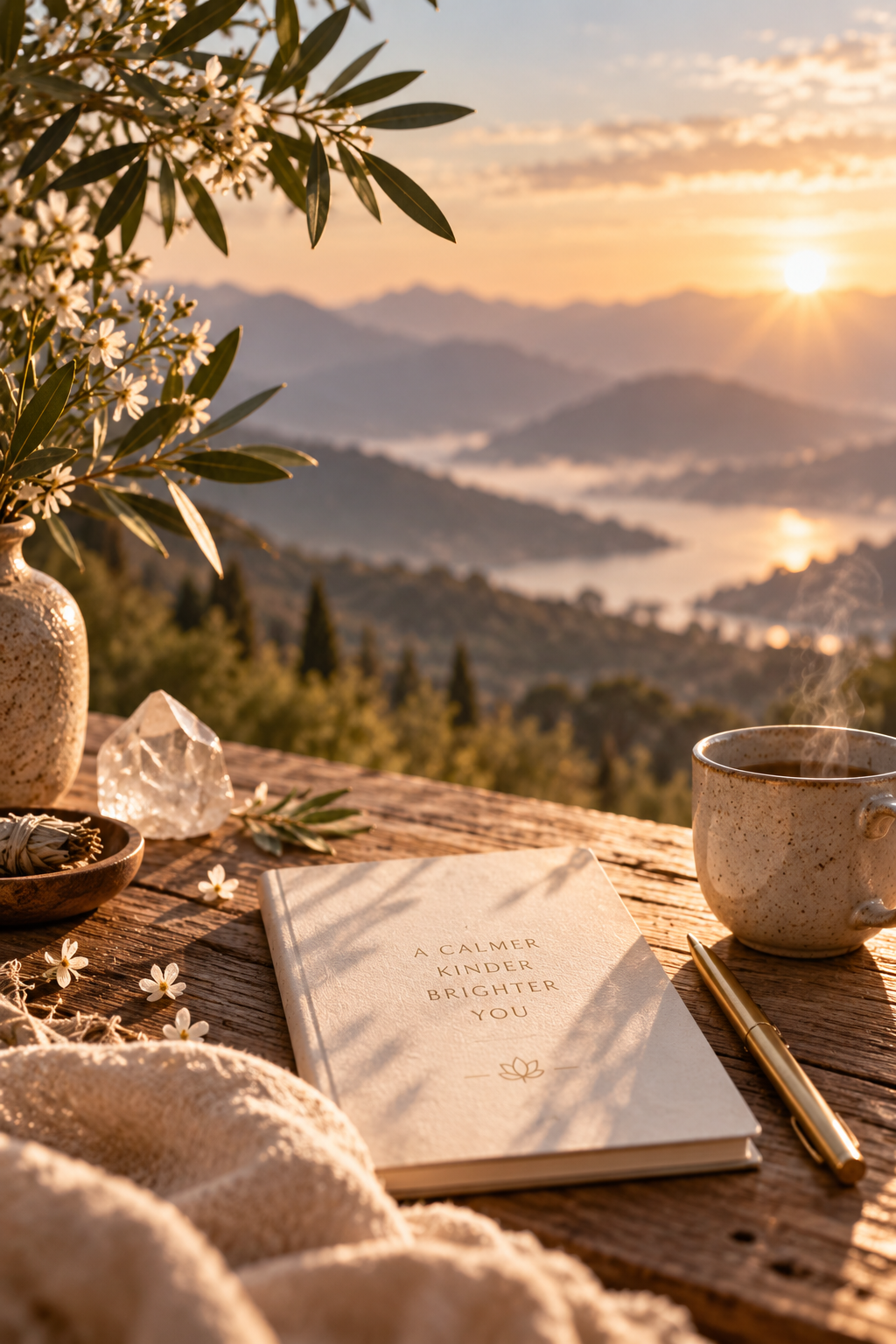 A mug of steaming coffee sits on a rustic wooden table outdoors during sunrise, with a notebook titled 'A Calmer Kinder Brighter You' next to a gold pen, surrounded by flowers, a crystal, and a vase with greenery, overlooking a misty mountain landscape.