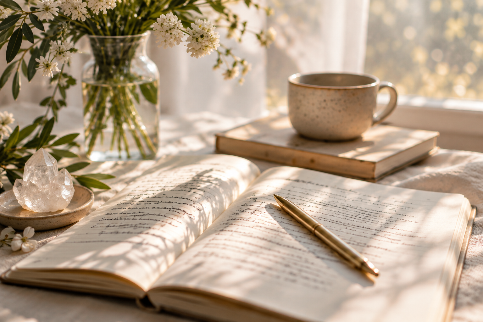 Open journal with handwritten text, gold pen resting on it, with a vase of white flowers, a ceramic mug on a book, and a crystal on a dish, all bathed in warm sunlight near a window.