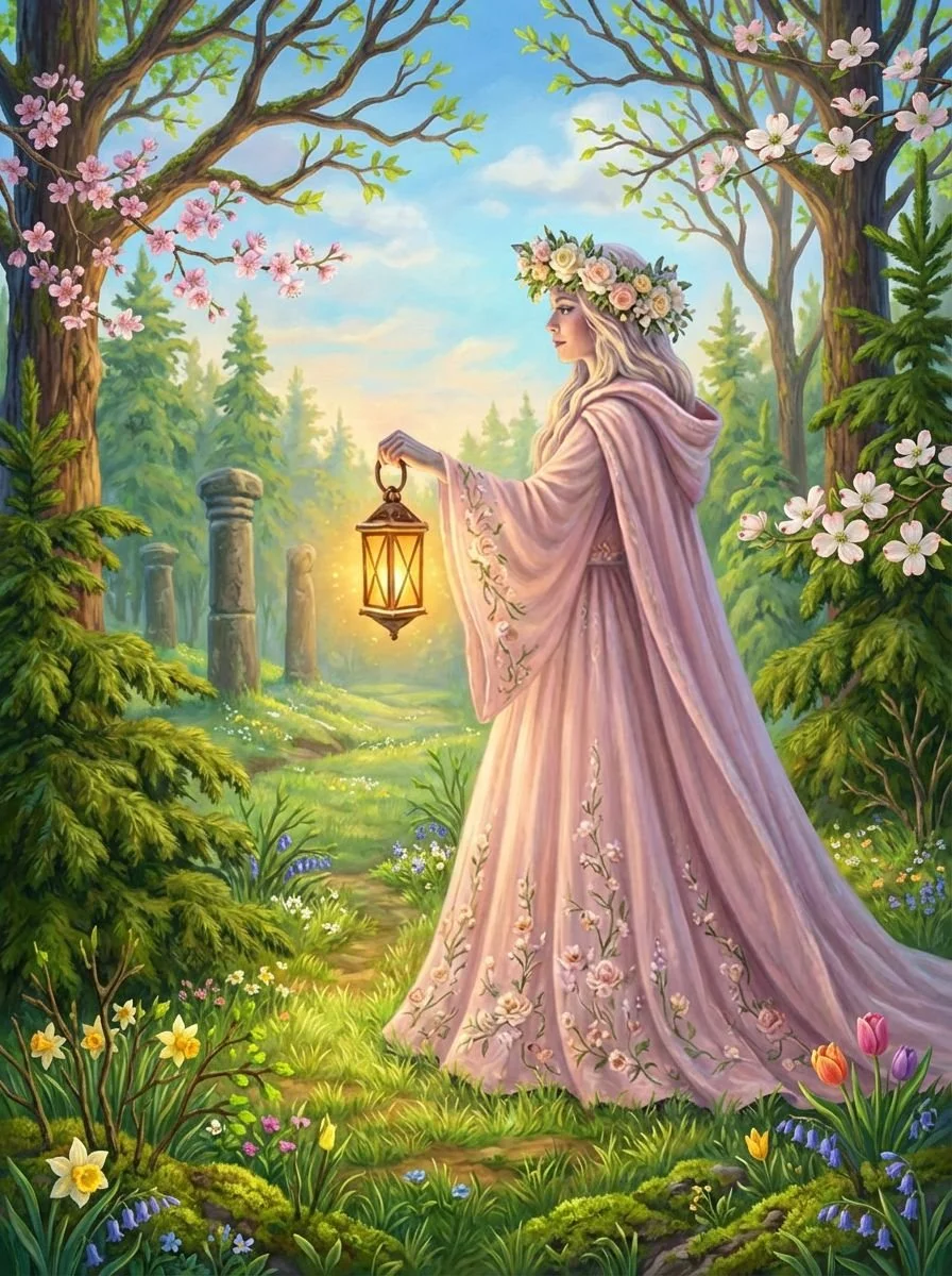 A woman dressed in flowing pink gown with floral embroidery, wearing a crown of flowers, holds a lit lantern in a lush, green forest with blooming trees, flowers, and ancient stone pillars, during early evening with a soft sky.