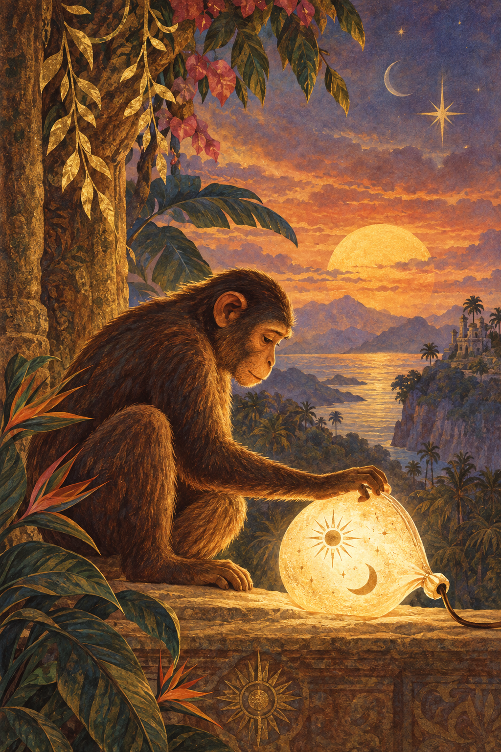 A monkey sitting on a ledge in a jungle, holding a glowing lantern with sun and moon symbols, with a sunset, mountains, and ocean in the background.