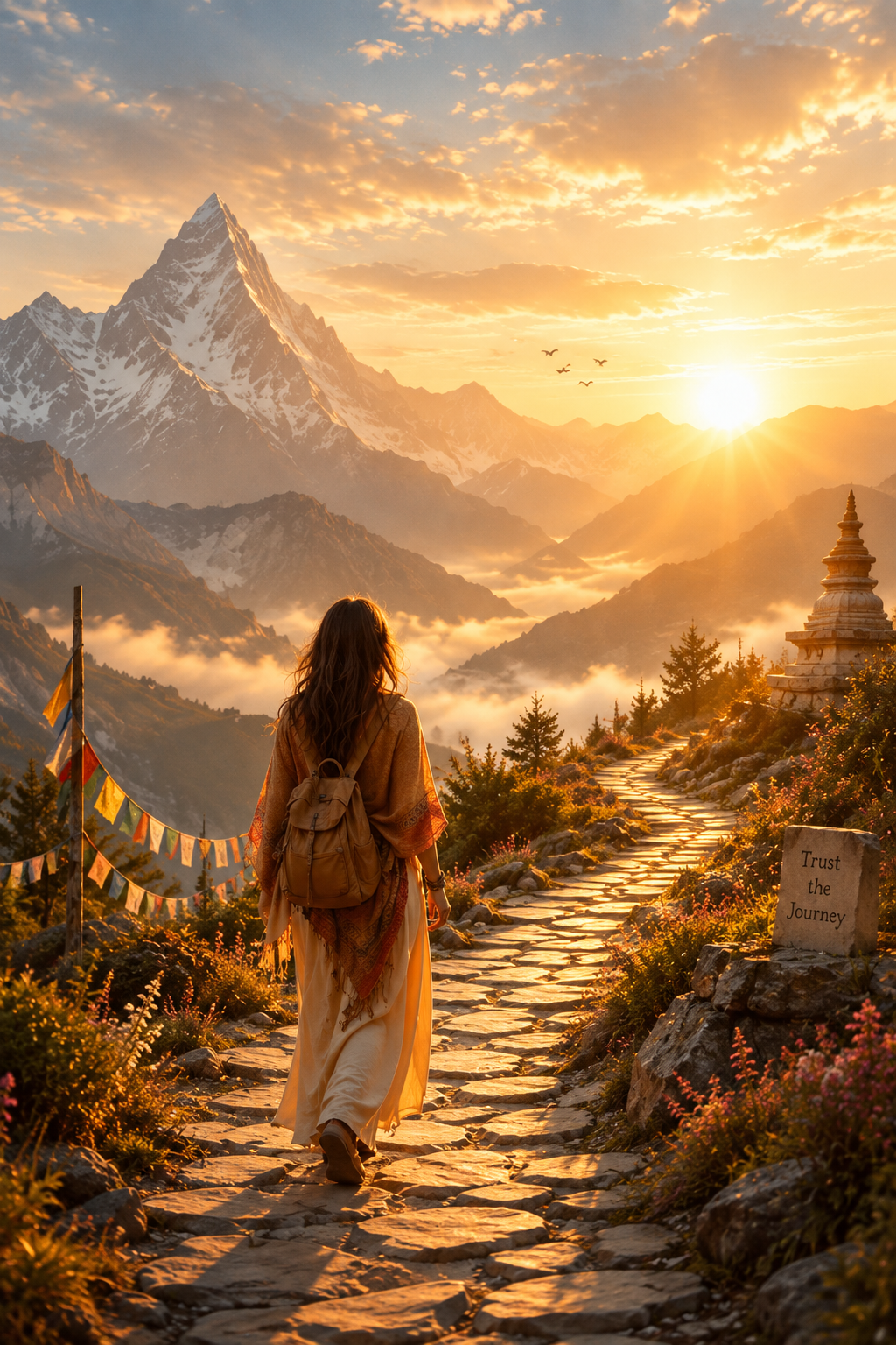 A woman with a backpack walking along a stone path toward a sunrise over snow-capped mountains, with colorful prayer flags on the side and a small stone monument that says "Trust the Journey."