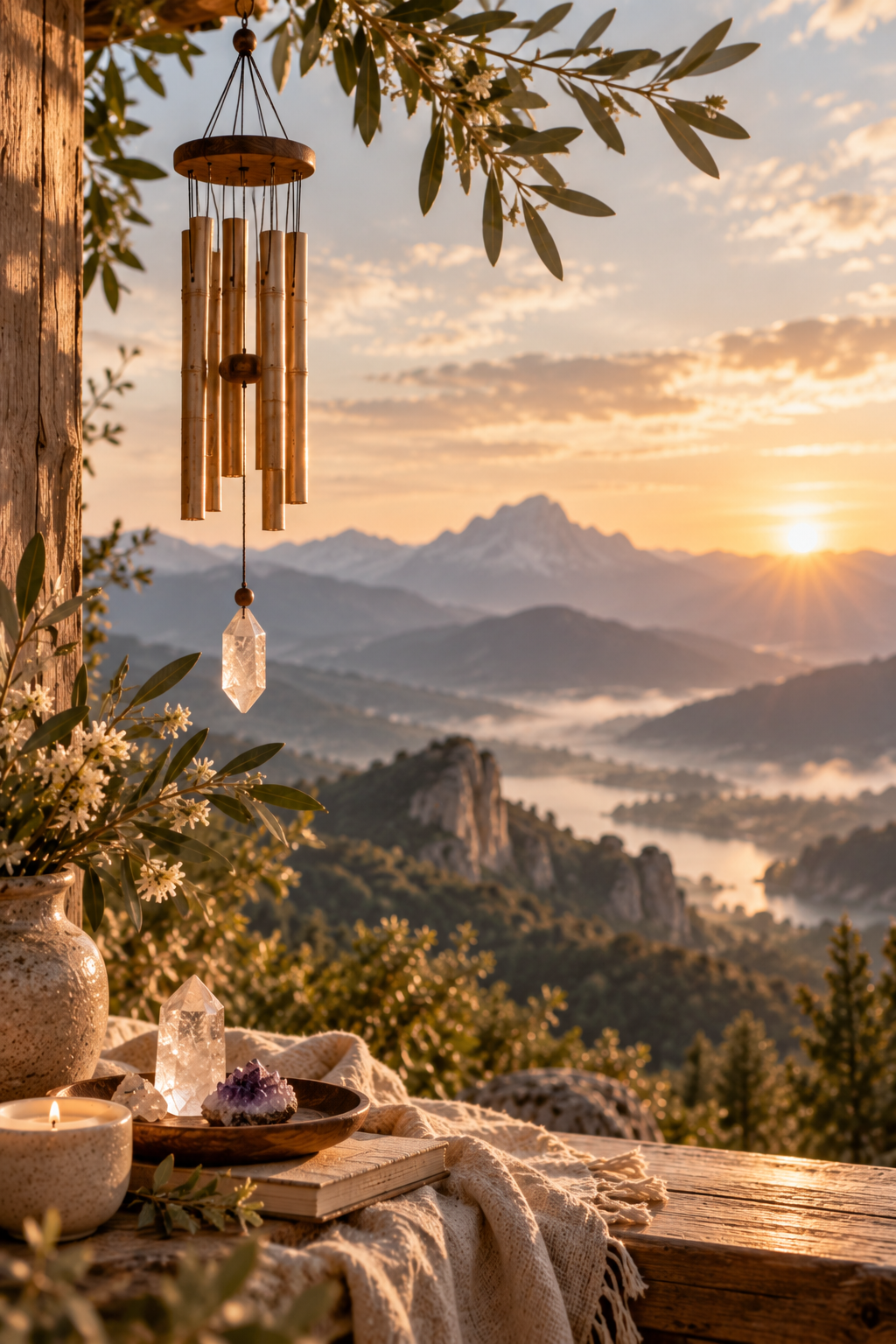 A wooden wind chime hanging from a tree branch, with a scenic mountain landscape at sunrise in the background. A rustic table decorated with a crystal, candles, and flowers is in the foreground.