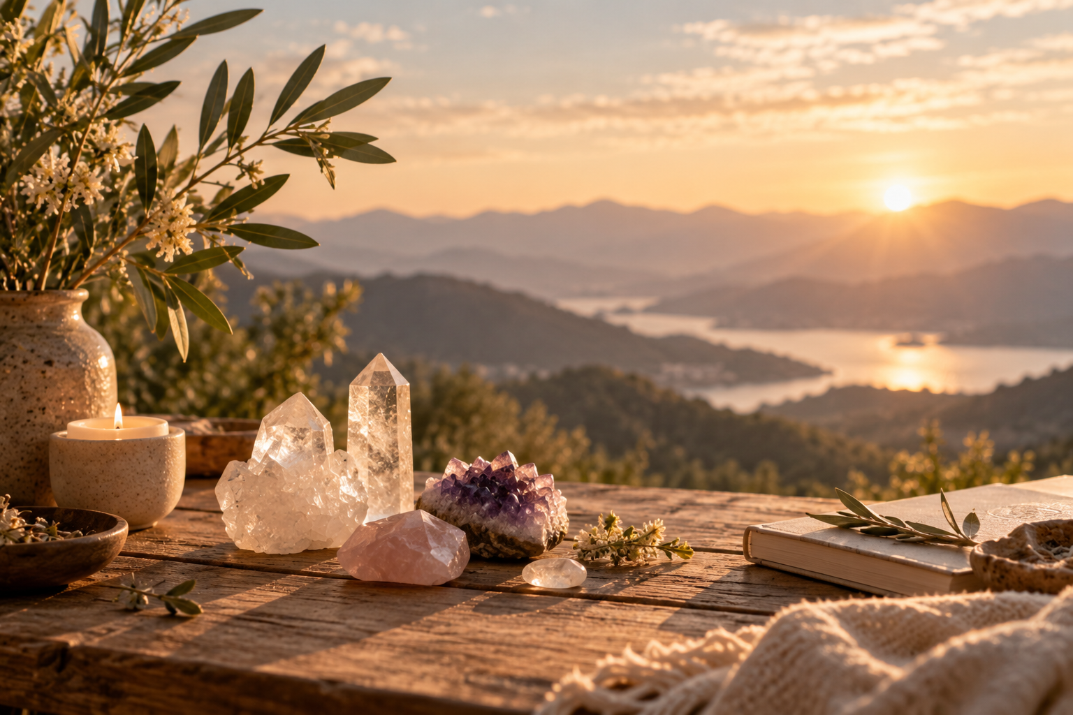 Sunset over mountains and a lake seen from a rustic wooden table decorated with crystals, a lit candle, a book with a sprig of greenery, and a ceramic vase with white flowers.