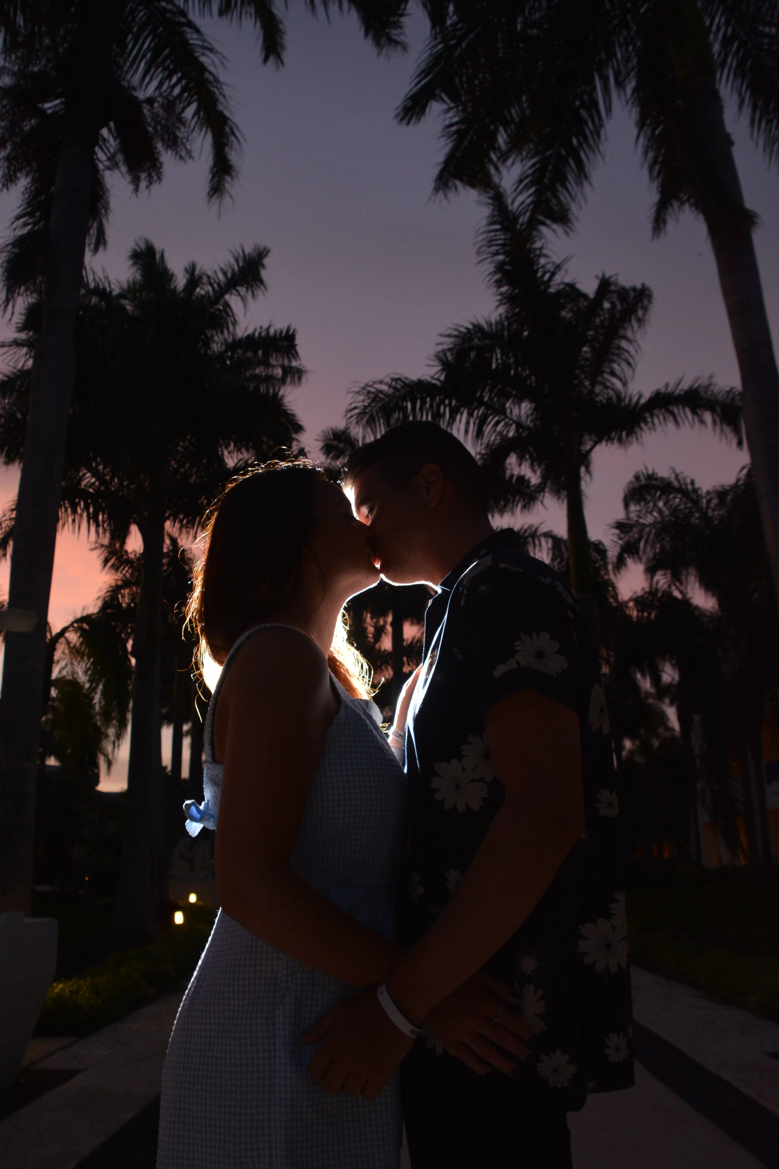 Silhouette of a couple kissing at sunset with palm trees in the background.