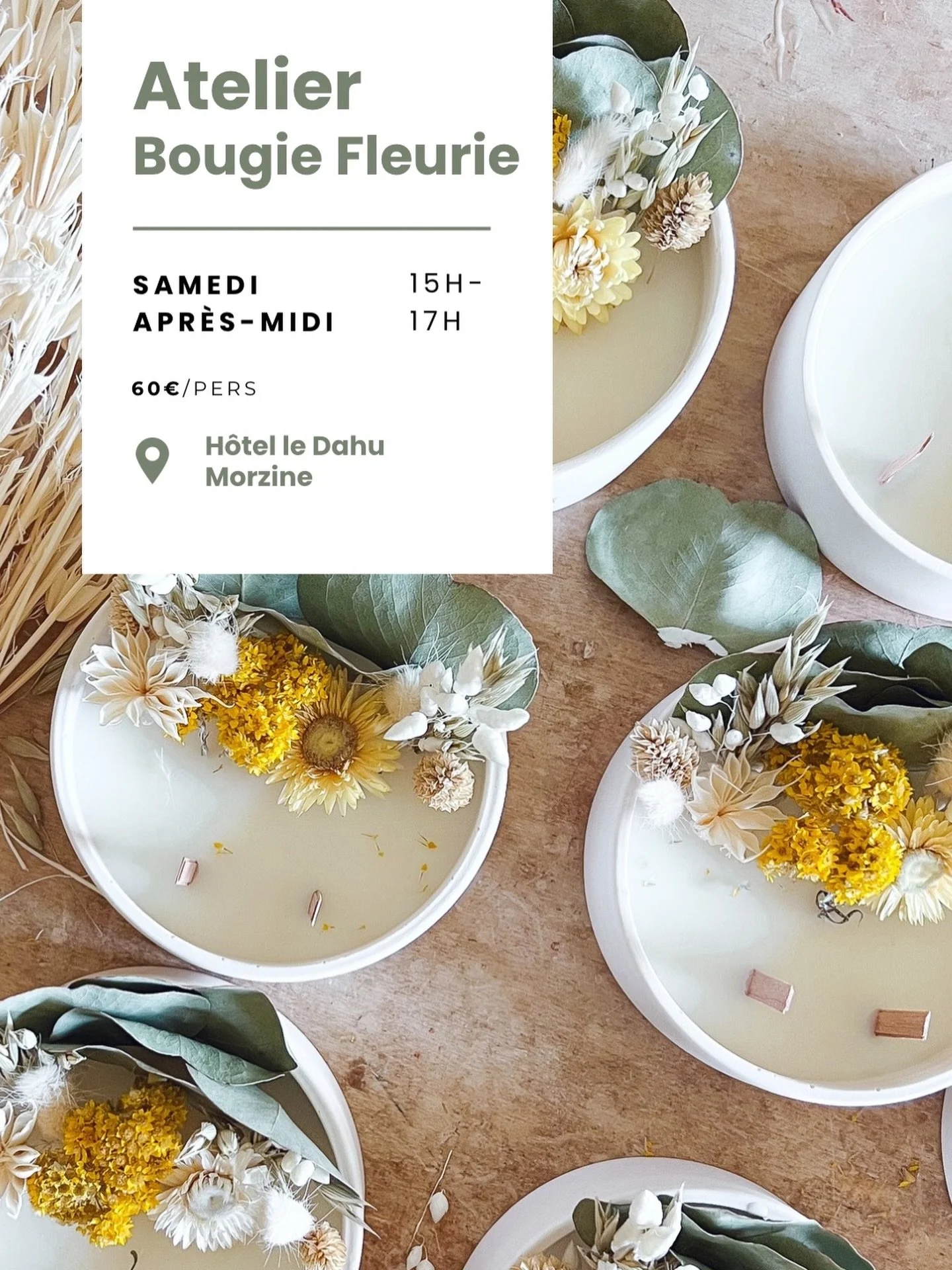 NOUVEAU CR&Eacute;NEAU - Ateliers Bougie Fleurie 

Bonne nouvelle pour vos week-ends !
Je suis ravie de vous annoncer l&rsquo;ouverture d&rsquo;un nouveau cr&eacute;neau pour mes ateliers de bougies fleuries : tous les samedis apr&egrave;s-midis de 1