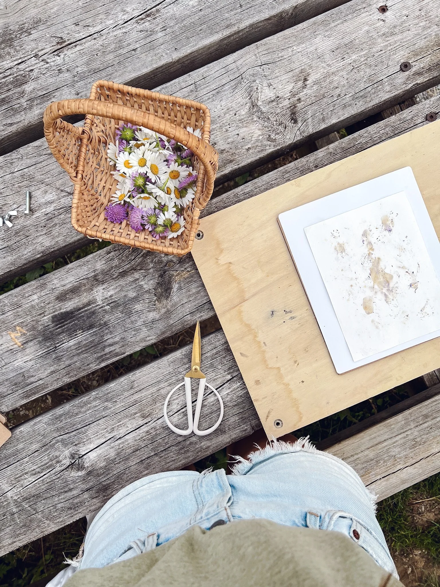 Plateau en bois avec des fleurs sauvages, ciseaux, et une tablette sur un banc en bois