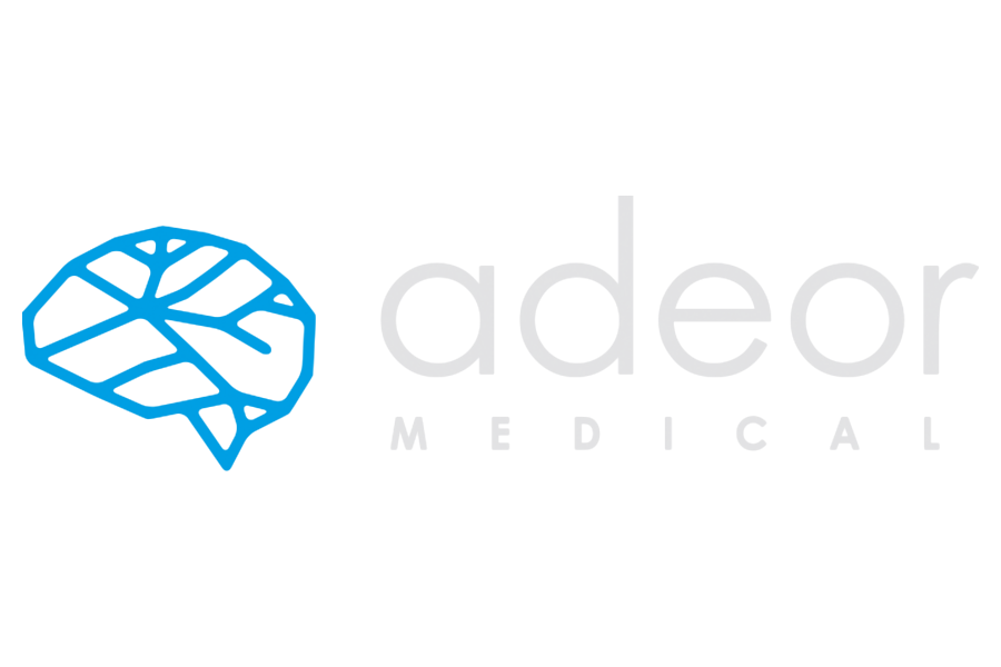 Logo von adeor MEDICAL mit blauer Gehirn-Ikone auf schwarzem Hintergrund.