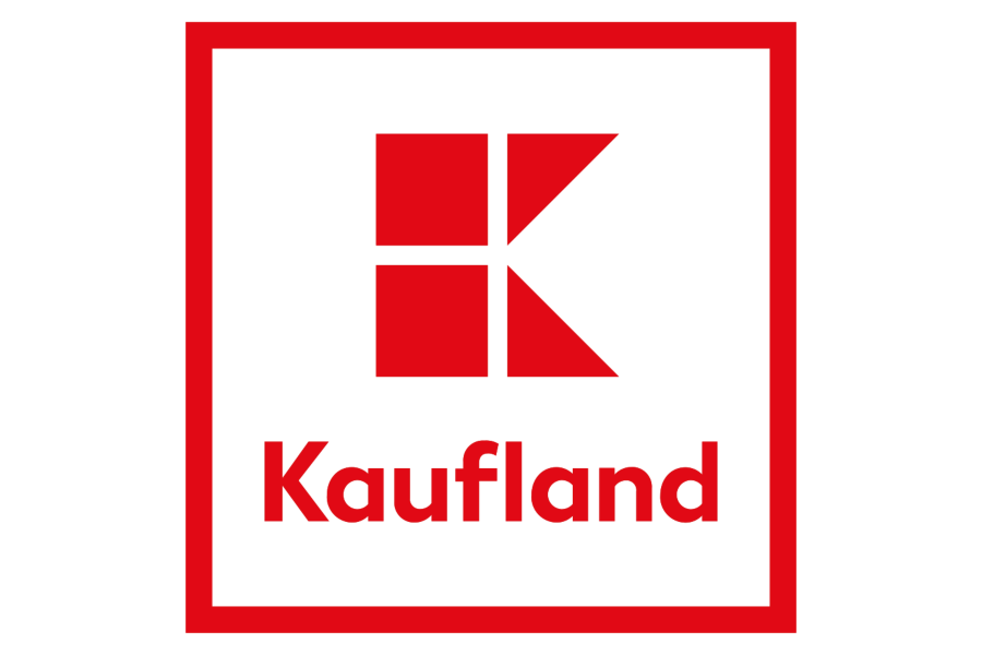 Das Logo von Kaufland mit rotem K-Logo, schwarzem Hintergrund und rotem Rahmen.