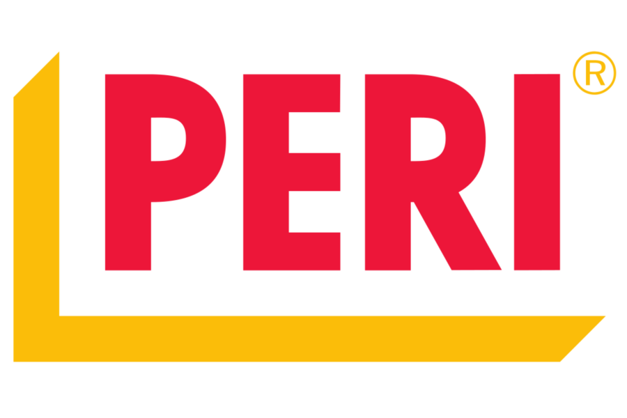 Logo mit rotem Text 'PERI' auf schwarzem Hintergrund, umrahmt von gelben Linien