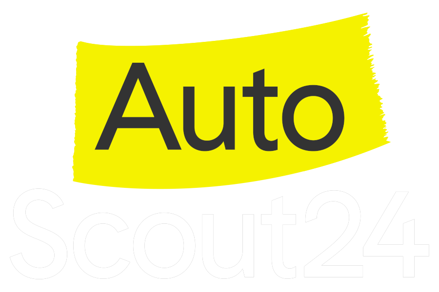 Logo mit dem Text 'Auto Scout 24' auf gelbem Hintergrund.