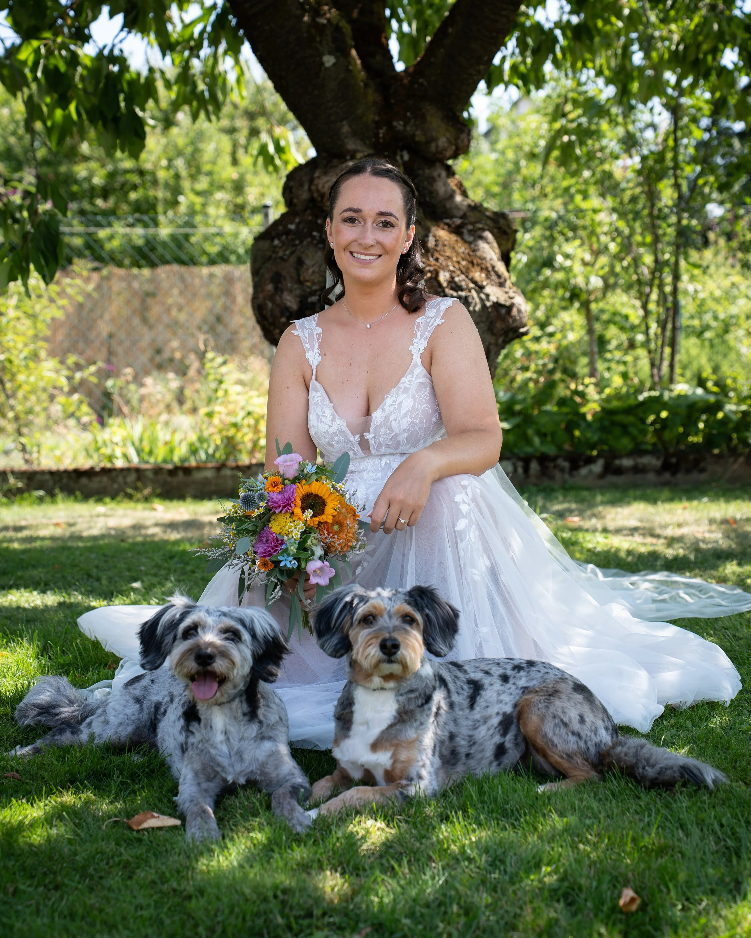 Eine lachende Frau in einem weißen Brautkleid mit drei schwarzen, weißen und grauen Hunden im Garten, im Hintergrund ein Baum und eine grüne Umgebung.