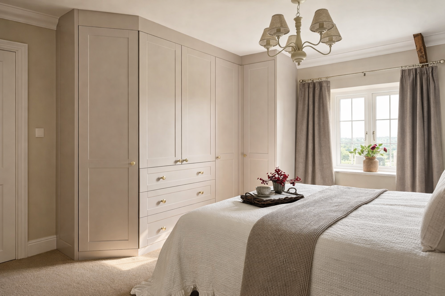 A cozy bedroom with a large window, beige curtains, a built-in white wardrobe, a bed with a white bedspread and a beige runner, and a tray with a teapot, cups, and a plant on the bed. A floral arrangement sits on the window sill, and a chandelier han