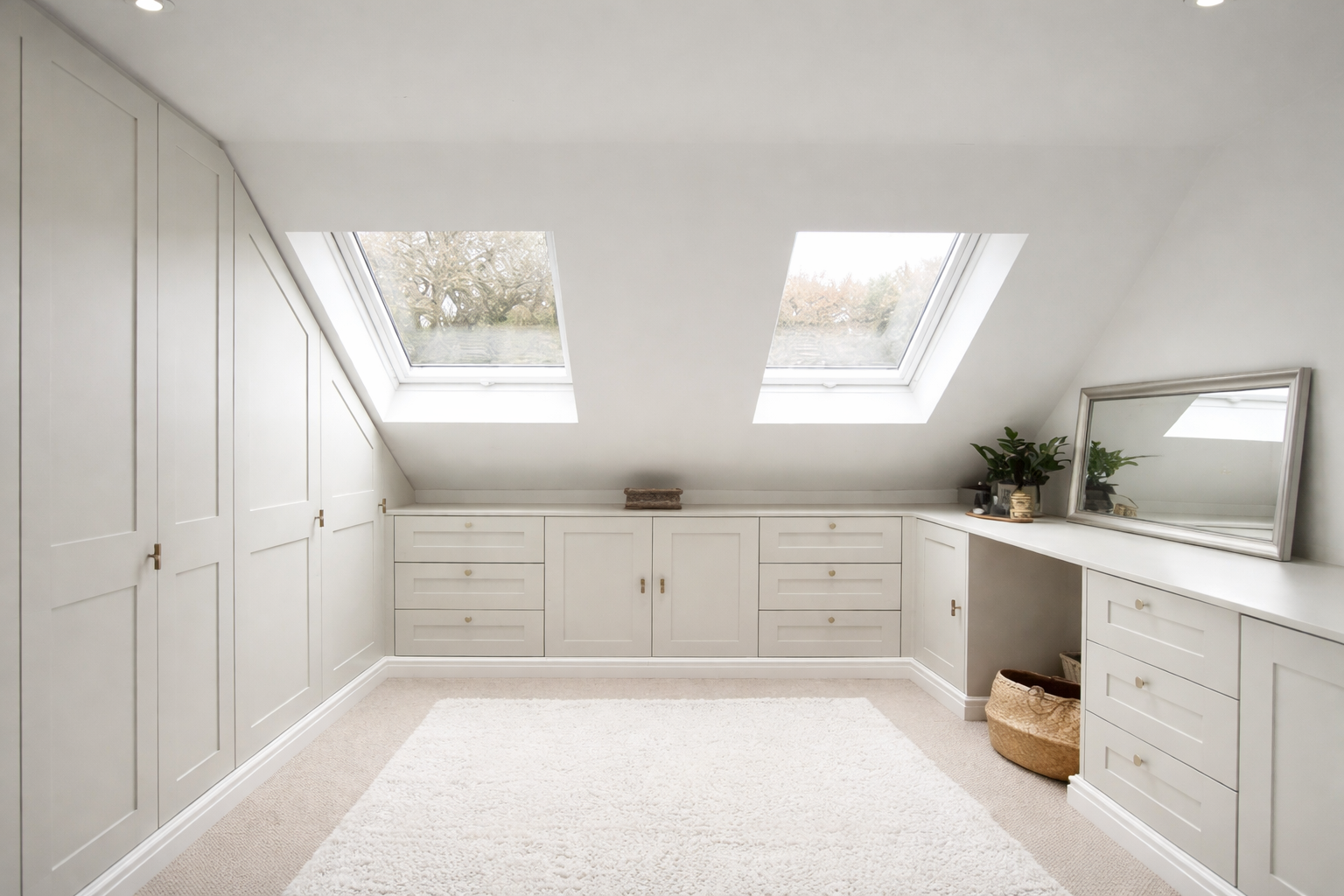 A bright attic room with built-in white cabinetry along the walls, two skylight windows on the sloped roof, a mirror leaning against the right wall, potted plants, and a beige basket on the floor.