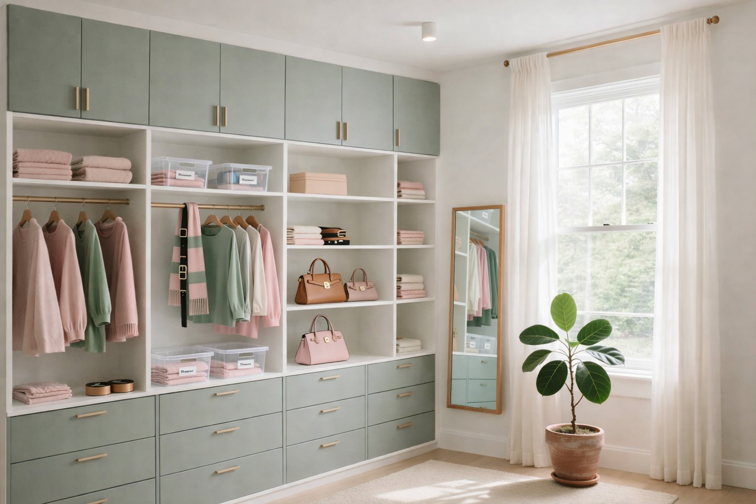 A neatly organized walk-in closet with pastel-colored sweaters, handbags, and storage boxes. A full-length mirror leans against the wall near a large window with white curtains, and a potted plant sits on the floor.