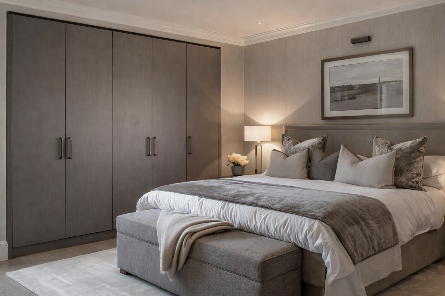 A cozy, modern bedroom with a large bed, decorative pillows, a gray upholstered bench at the foot, a nightstand with a lamp, and a framed monochrome landscape picture on the wall.