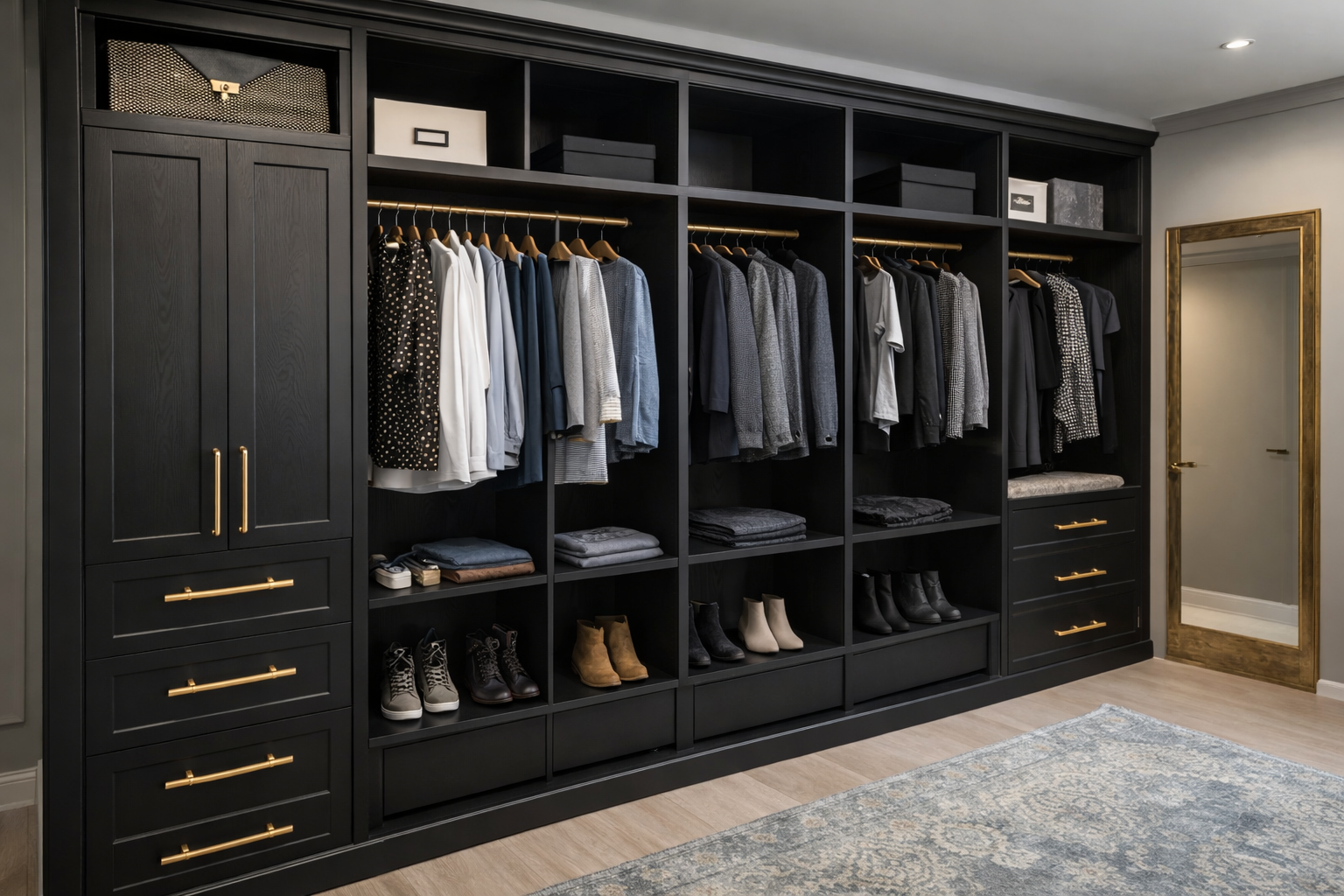 A black closet organized with hanging clothes, folded items, and shoes, with a full-length mirror to the right.