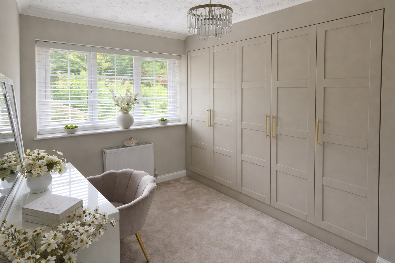A bright, minimalist bedroom corner featuring a large window with white blinds, a white wardrobe with gold handles, a small desk with a light pink velvet chair, a white vase with white flowers, and decorative items, all on a beige carpet.