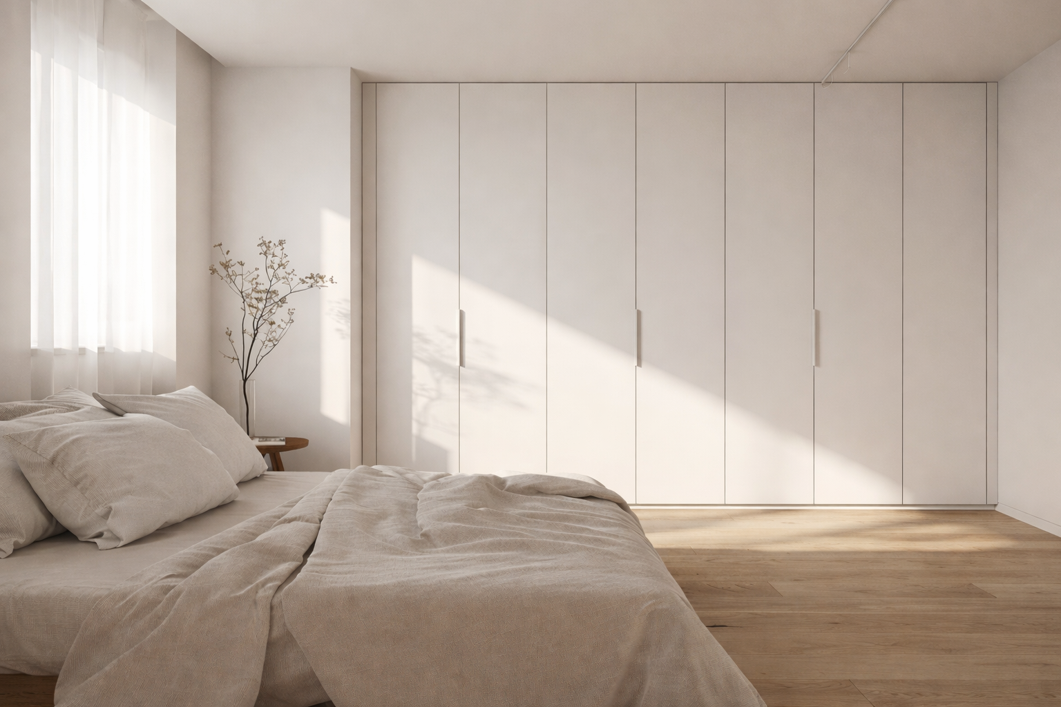 Minimalist bedroom with a bed, light-colored bedding, a small side table with a decorative branch, and a large built-in closet with closed doors, illuminated by natural light from a window.
