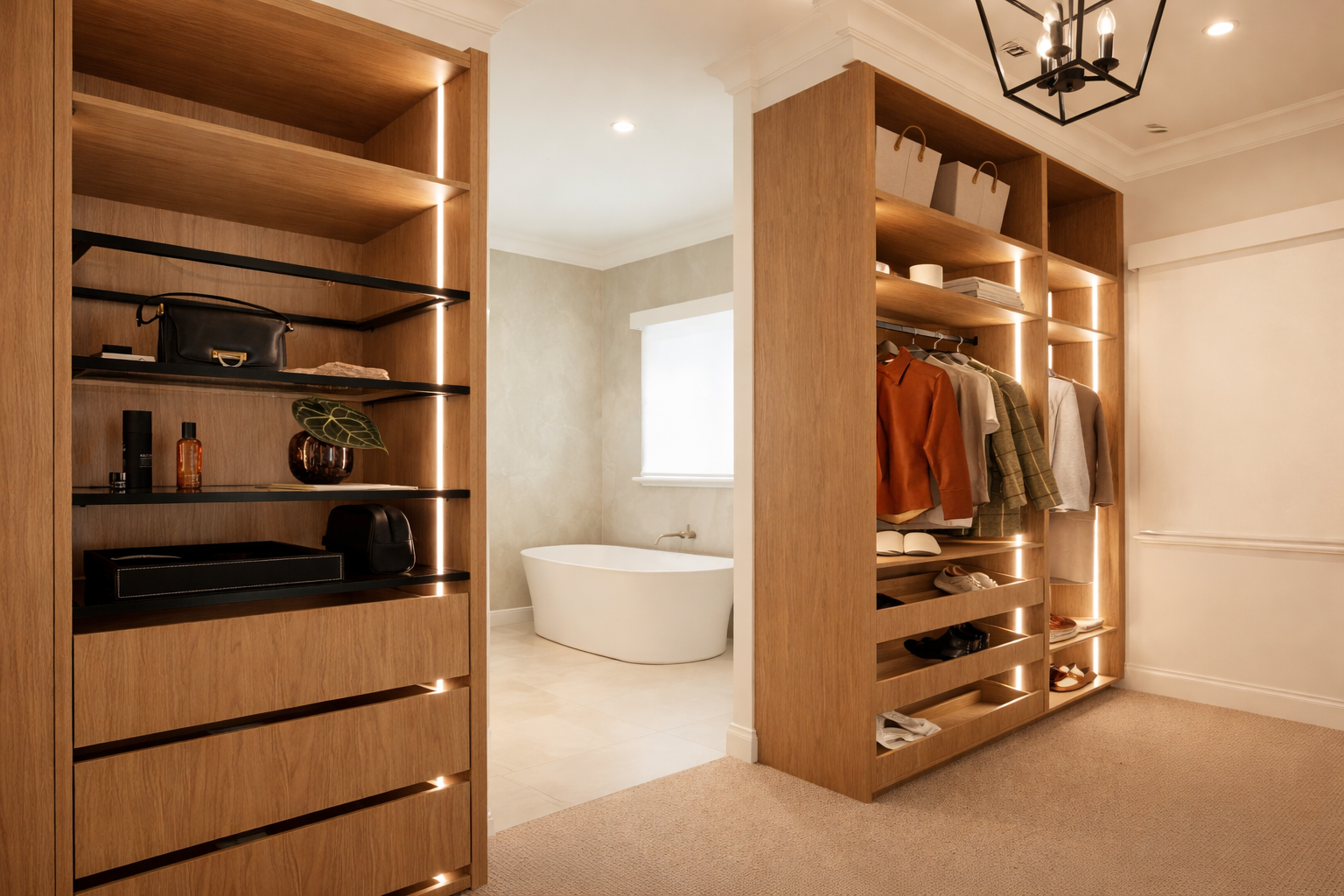 Walk-in closet with wooden shelves and hanging clothes, leading to a bathroom with a freestanding bathtub, a window, and beige tiled floor.