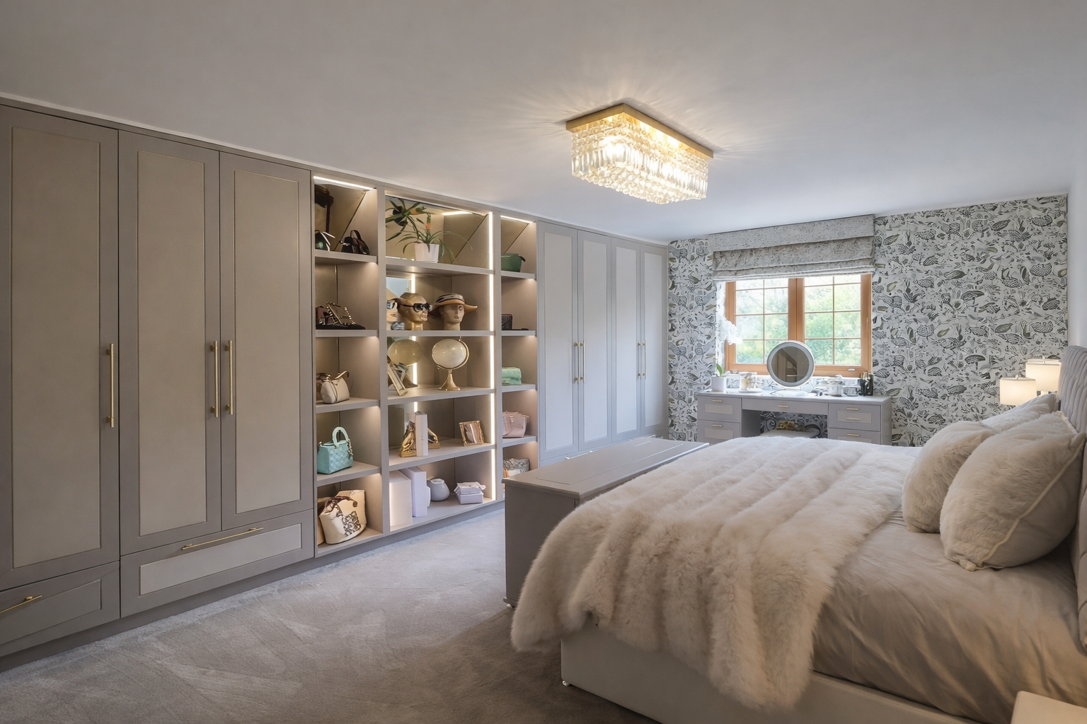 A bedroom with gray built-in wardrobes, a white bed with fur blanket, a window with floral wallpaper, and a vanity with round mirror.