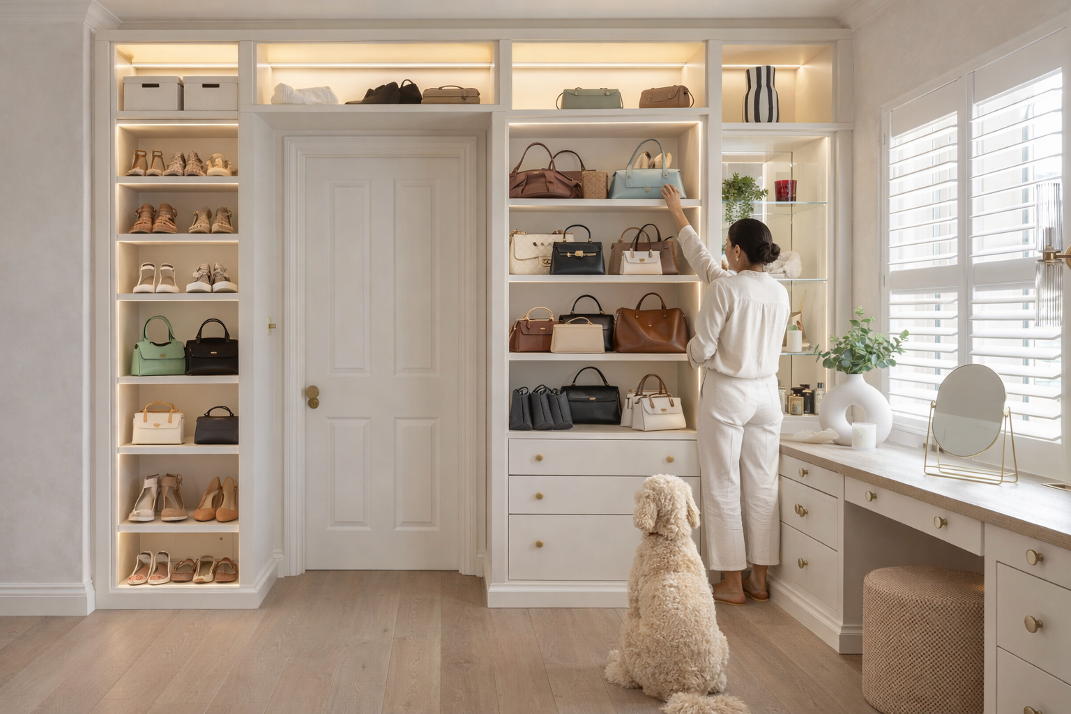 A woman in white clothes organizing handbags on shelves in a well-lit walk-in closet. A large, fluffy dog sits on the floor watching her. The closet has drawers, decorative items, and a window with white shutters.