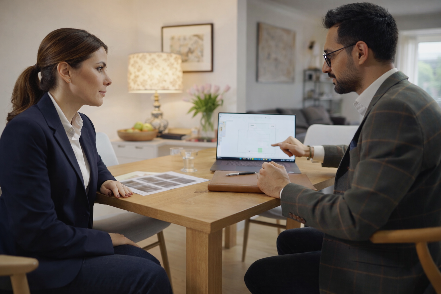 Business meeting between a woman and a man in a cozy home setting. The woman is sitting across from the man, who is pointing at a laptop screen. The table has documents, a pen, and glasses of water. The background shows a lamp, a flower arrangement, and artwork on the wall.