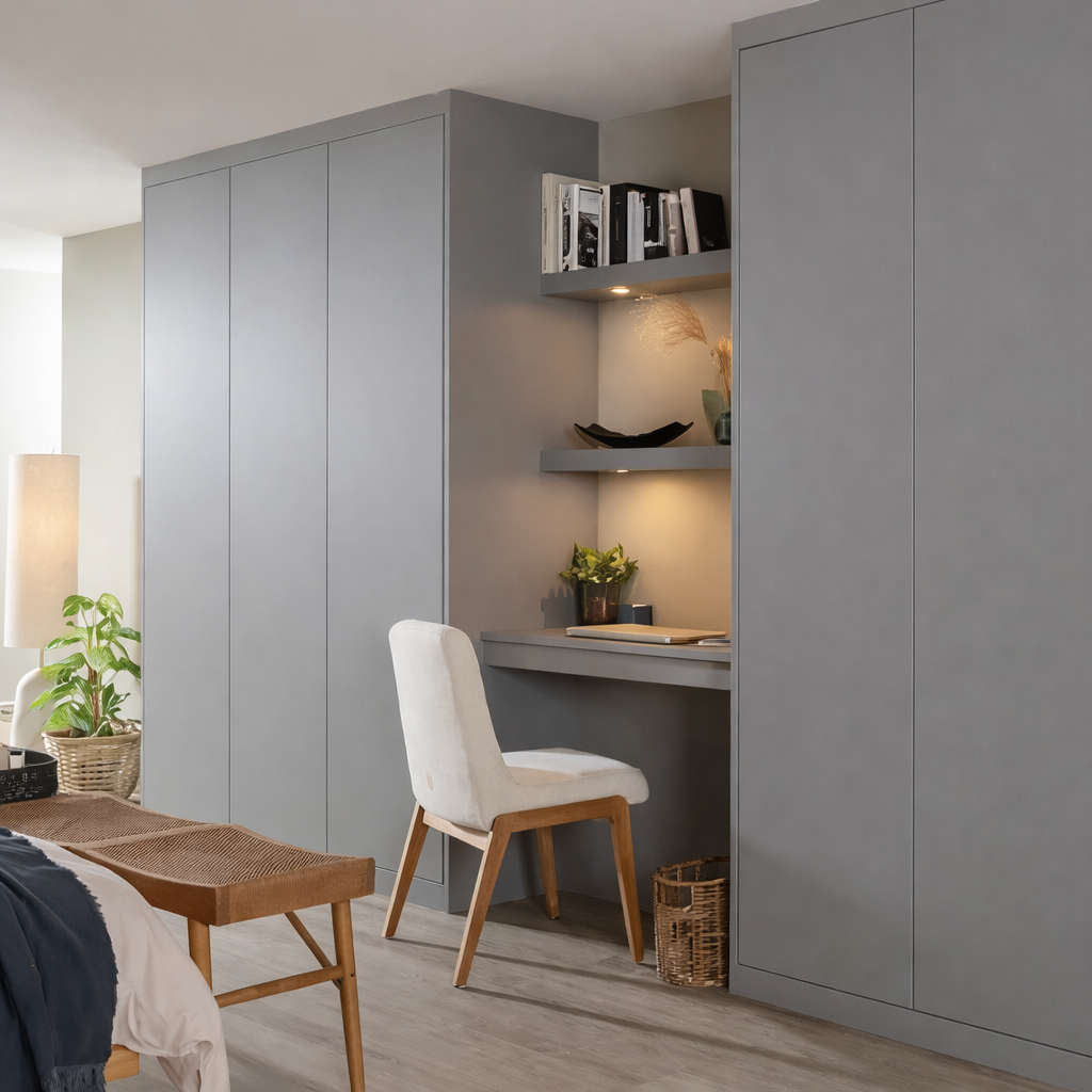 A built-in desk with a white upholstered chair, surrounded by gray cabinets, with shelves above holding books, decorative bowls, and a small plant, in a modern interior.
